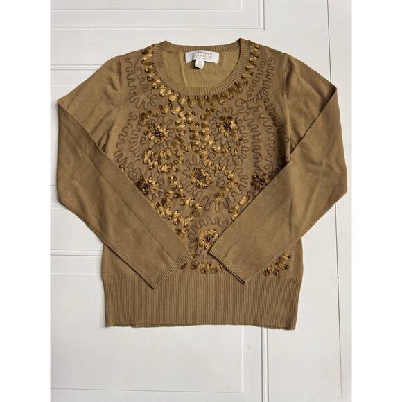 American Glamour Badgley Mischka Brown Gold Sweater Top Beaded Piping Size M - Picture 1 of 4